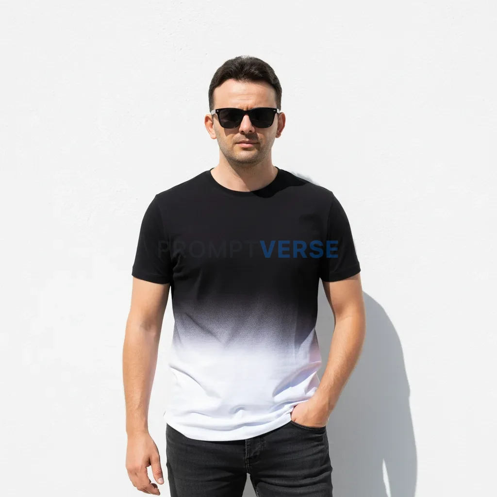 Stylish young man wearing black and white gradient shirt, sunglasses, standing against a clean white wall, confident modern po - PromptVerse