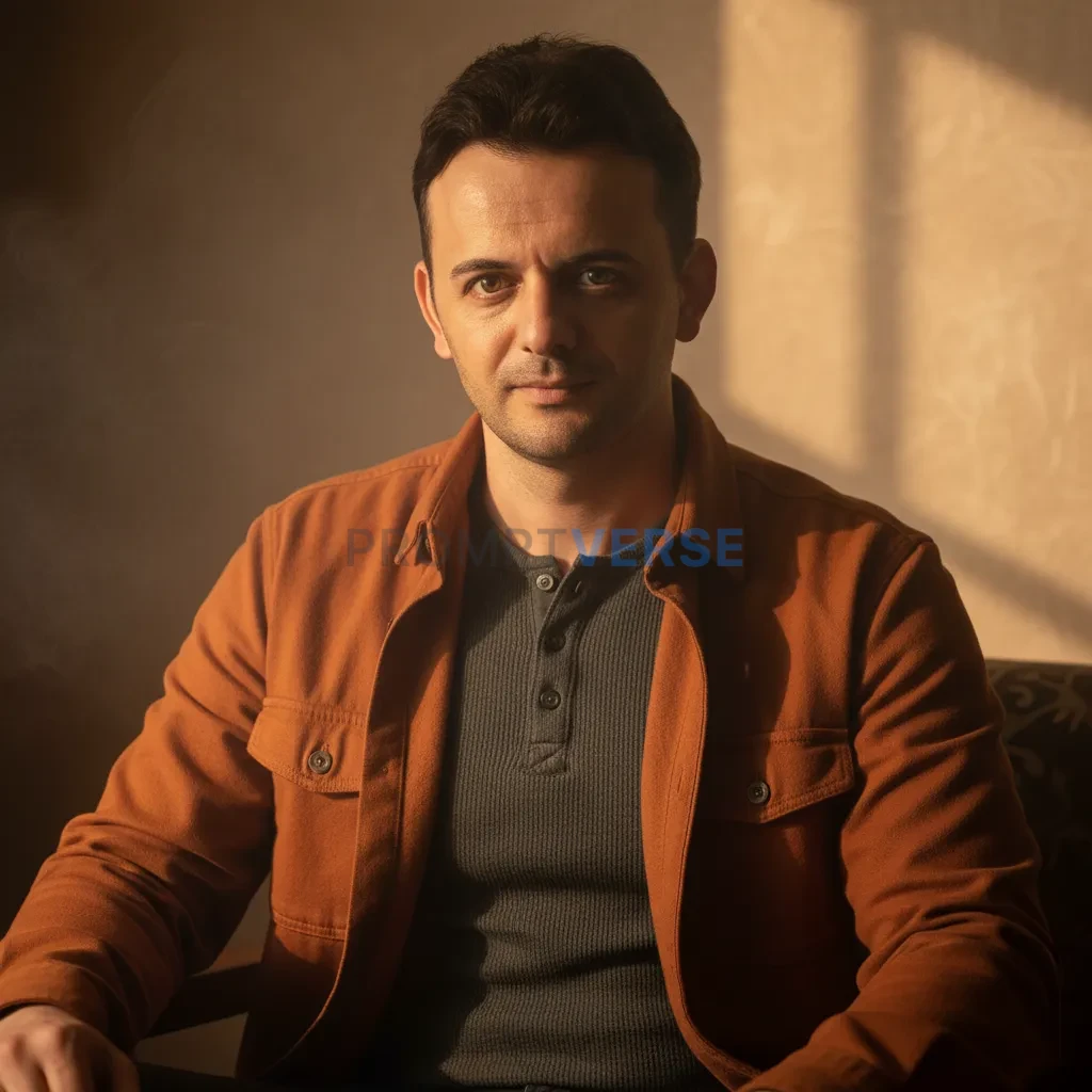 Stylish young man wearing casual clothes in a cozy room with warm tones, cinematic lighting, confident expression, slight smok - PromptVerse