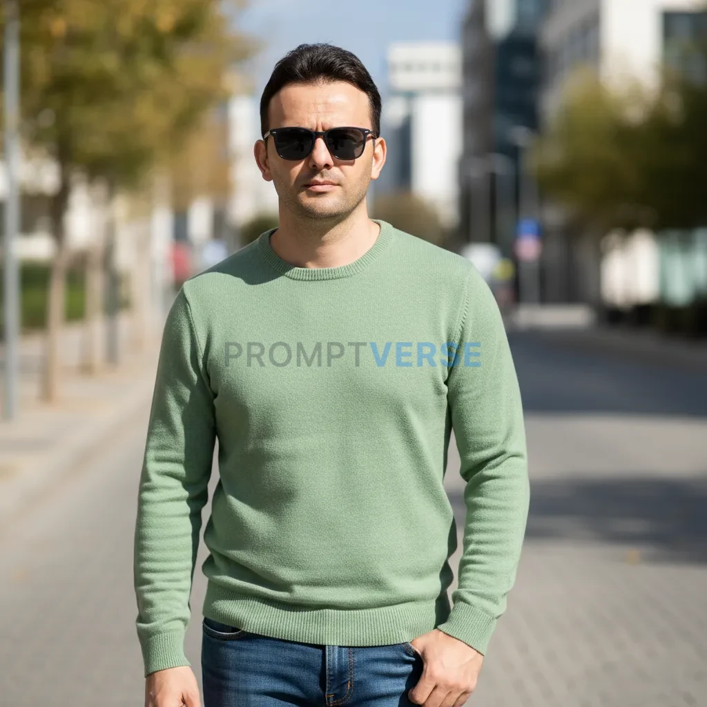 Fashion portrait of a young man wearing sunglasses and a light green sweater, outdoor setting, daylight photography, casual mo - PromptVerse