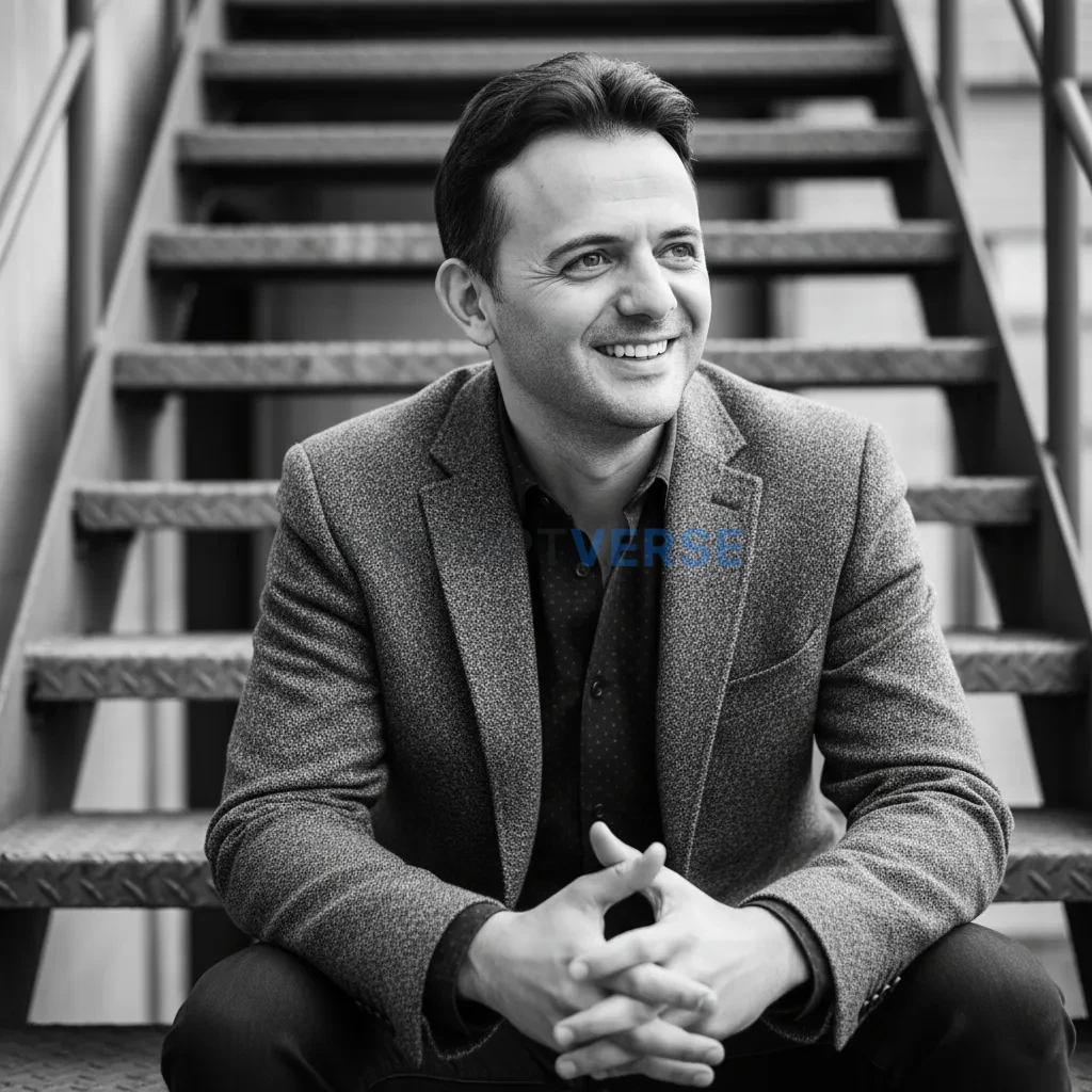 A black and white portrait of a smiling man, cinematic portrait, wearing a patterned shirt and tweed blazer, sitting casually  - PromptVerse