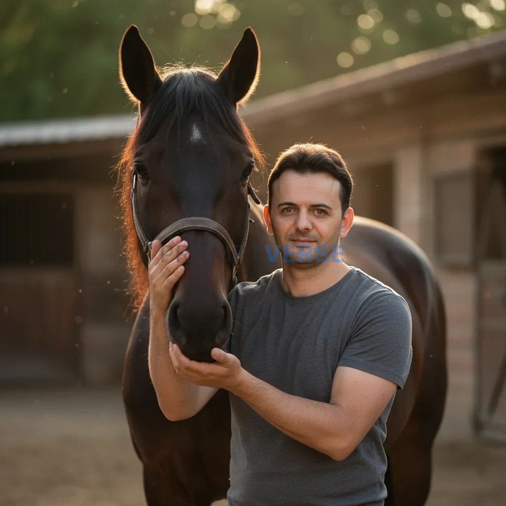 cinematic portrait in front of horse holding its muzzle - PromptVerse