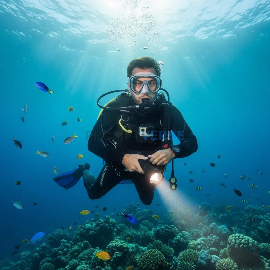 Ultra-detailed portrait, man underwater during a dive, soft beams of light breaking through, fish swimming around, cinematic d - PromptVerse