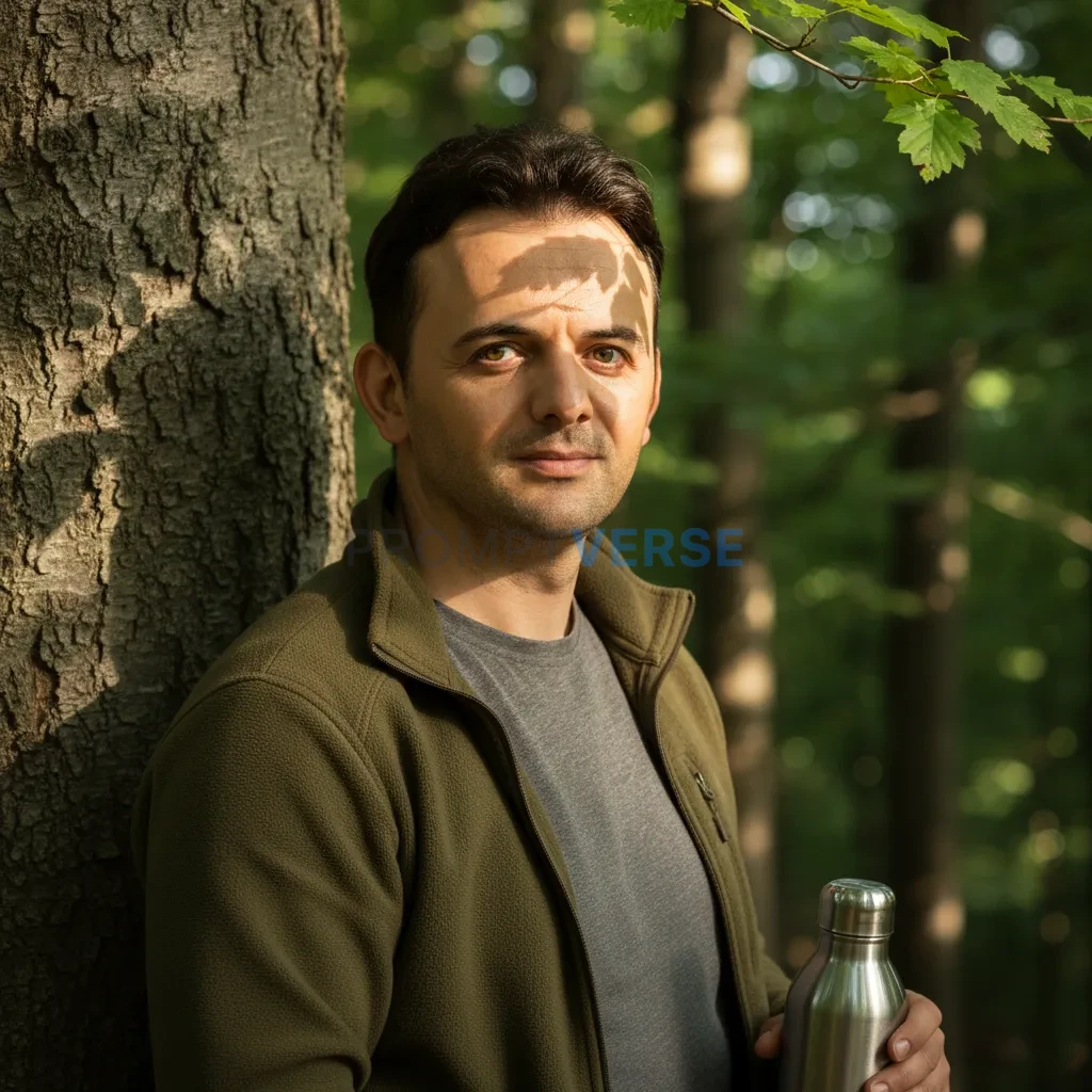 Cinematic close-up, man resting against a tree in hiking gear, water bottle in hand, natural sunlight creating dappled shadows - PromptVerse