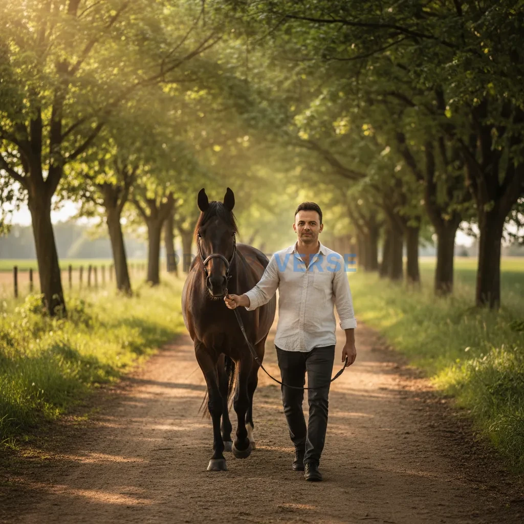 High-quality portrait, man walking with a horse along a rural dirt path, natural sunlight through trees, peaceful authentic vi - PromptVerse