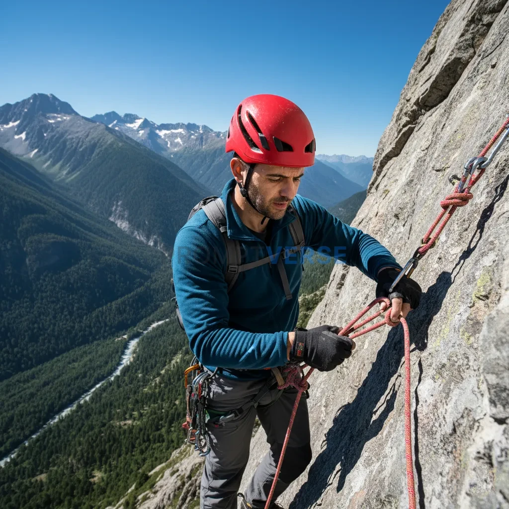 Outdoor portrait, man in mountaineering gear adjusting ropes on a cliffside, sweat and determination visible, raw cinematic en - PromptVerse