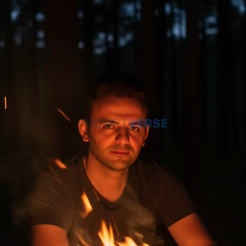Cinematic headshot of a man camping at night, warm firelight illuminating his face, dark forest barely visible in background. - PromptVerse