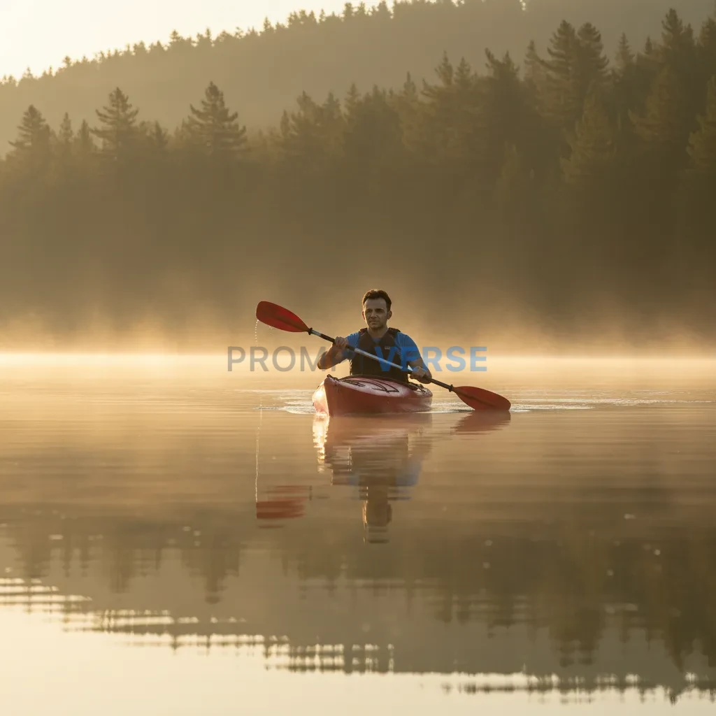 Cinematic portrait of a man kayaking on a calm lake, soft mist rising from water surface, early morning golden light on his fa - PromptVerse