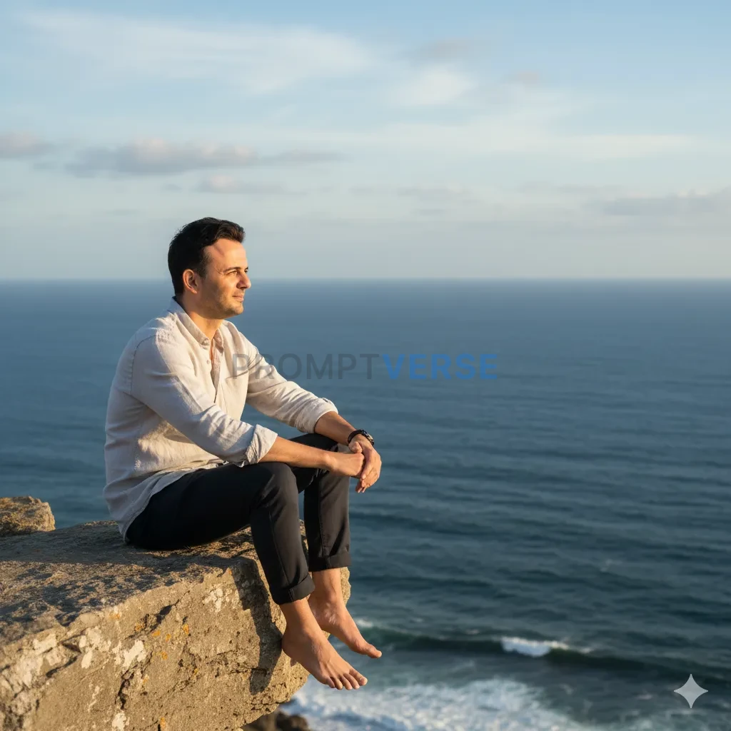 High-quality portrait, man in casual linen shirt sitting barefoot on a cliff edge, vast ocean behind him, relaxed natural expr - PromptVerse