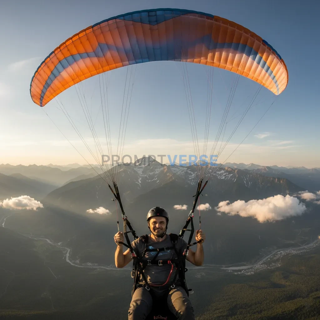 Editorial portrait of a man mid-air during paragliding, GoPro-style perspective, mountains and valleys stretching below, natur - PromptVerse