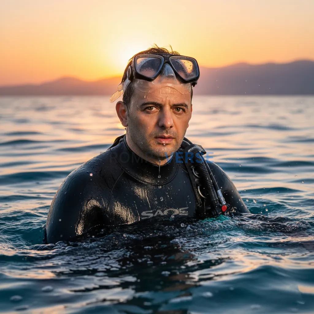 Cinematic outdoor portrait, man in wetsuit surfacing from a dive, mask pushed to his head, ocean horizon glowing behind him. - PromptVerse
