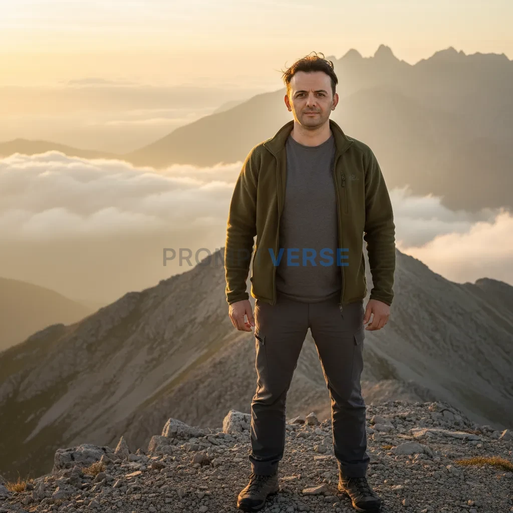 Ultra-detailed portrait of a man standing on a mountain peak in casual hiking gear, soft clouds behind him, natural sunlight i - PromptVerse