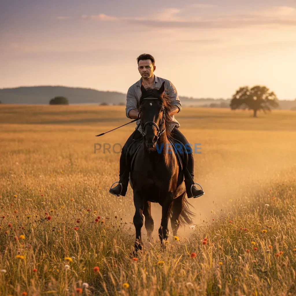 Cinematic portrait of a man riding a majestic black horse through an open field at golden hour, natural wind blowing his hair, - PromptVerse