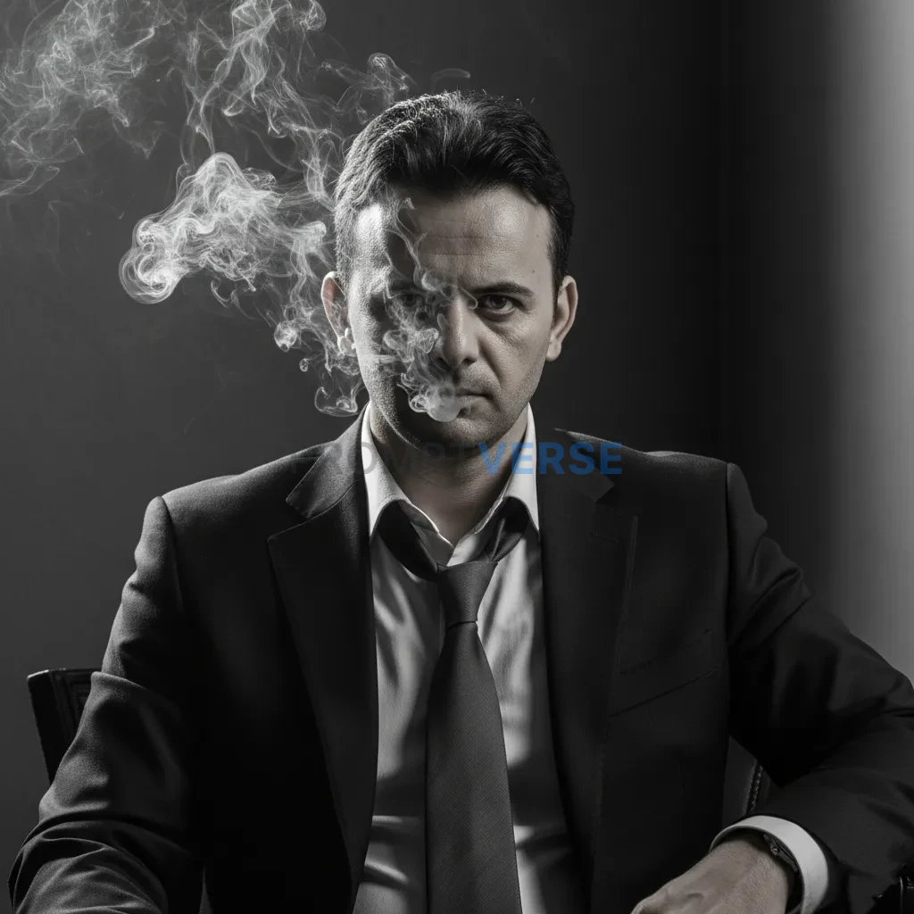 High-quality portrait of a man in a sharp suit with silk tie undone, puff of cigar smoke drifting across his stern face, desat - PromptVerse