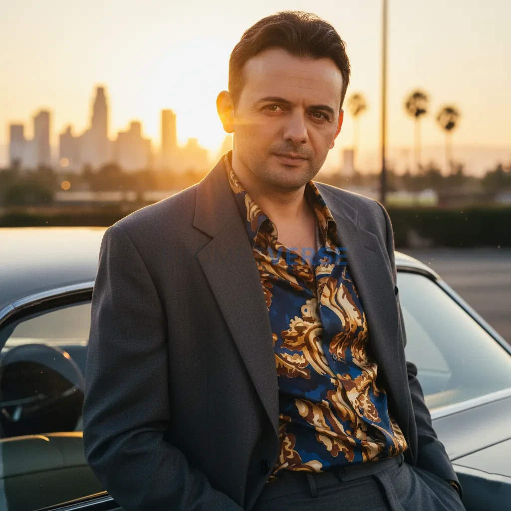 Ultra-detailed close-up portrait, man in a silk patterned shirt and oversized fashion-forward blazer, leaning against a chrome - PromptVerse