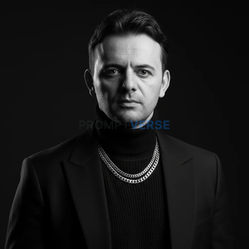 Cinematic close-up portrait, bold monochrome fashion outfit, high-contrast dramatic lighting, magazine aesthetic. - PromptVerse