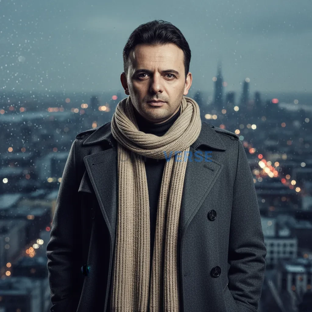 Cinematic fashion portrait, trench coat and scarf, dramatic city backdrop, high-end editorial photography. - PromptVerse