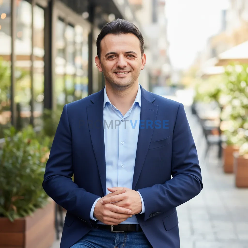 Cinematic portrait, person in smart casual outfit (blazer + jeans), natural daylight background, approachable professional sty - PromptVerse