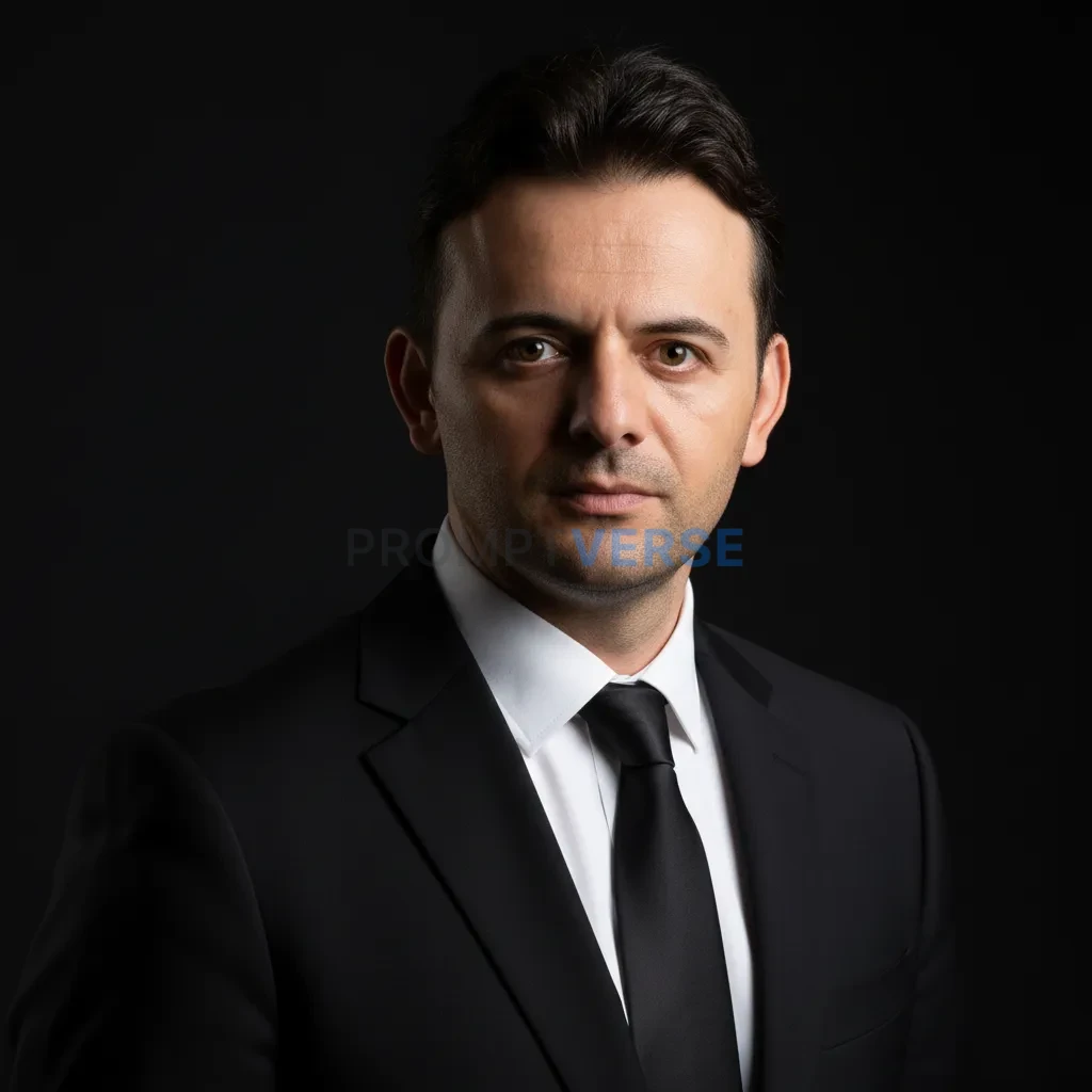 Cinematic portrait, sleek black suit and tie, clean spotlight, timeless elegant mood. - PromptVerse
