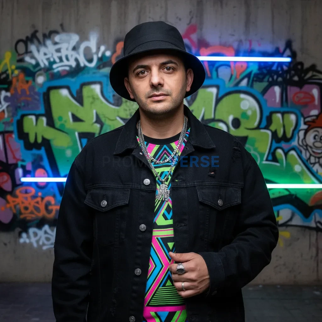 Fun portrait, person wearing a bucket hat and streetwear, neon graffiti wall in the background, urban aesthetic. - PromptVerse