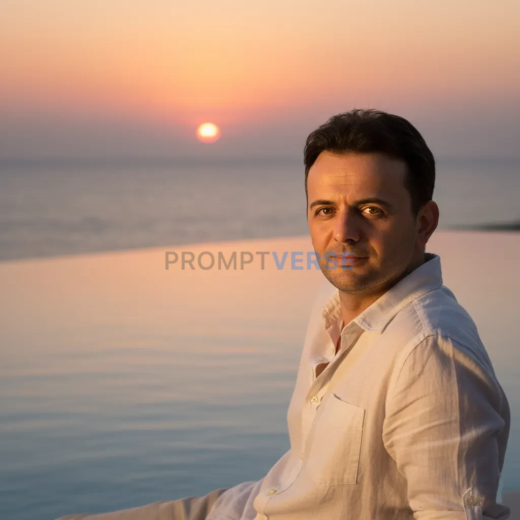 "Natural cinematic portrait, man in linen shirt lounging by infinity pool, ocean horizon behind, sunset glow on skin." - PromptVerse