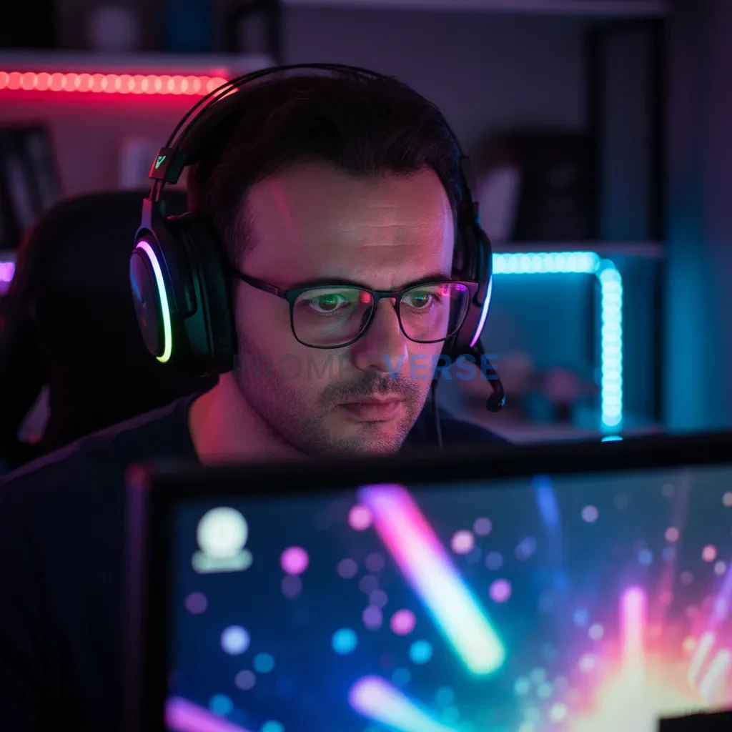 Cinematic portrait, man surrounded by RGB lights, wearing headphones, intense focus on face, monitor reflections glowing. - PromptVerse