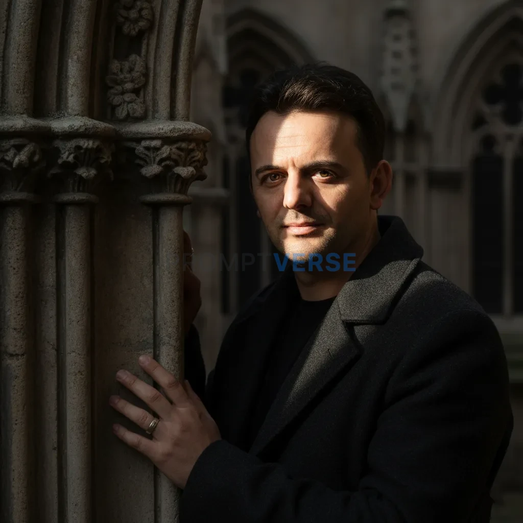 Ultra-detailed close-up, man standing near gothic archway, faint sunlight hitting his face, strong shadows creating dramatic c - PromptVerse