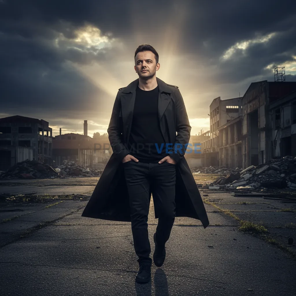 Cinematic portrait, man walking along abandoned industrial area, sun breaking through clouds, dark coat flowing with wind. - PromptVerse