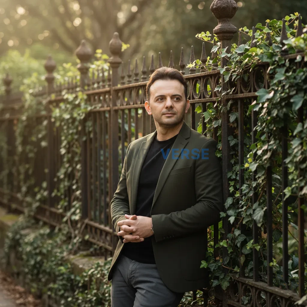 Editorial cinematic portrait, man resting against old iron fence covered in ivy, soft morning light and earthy textures creati - PromptVerse