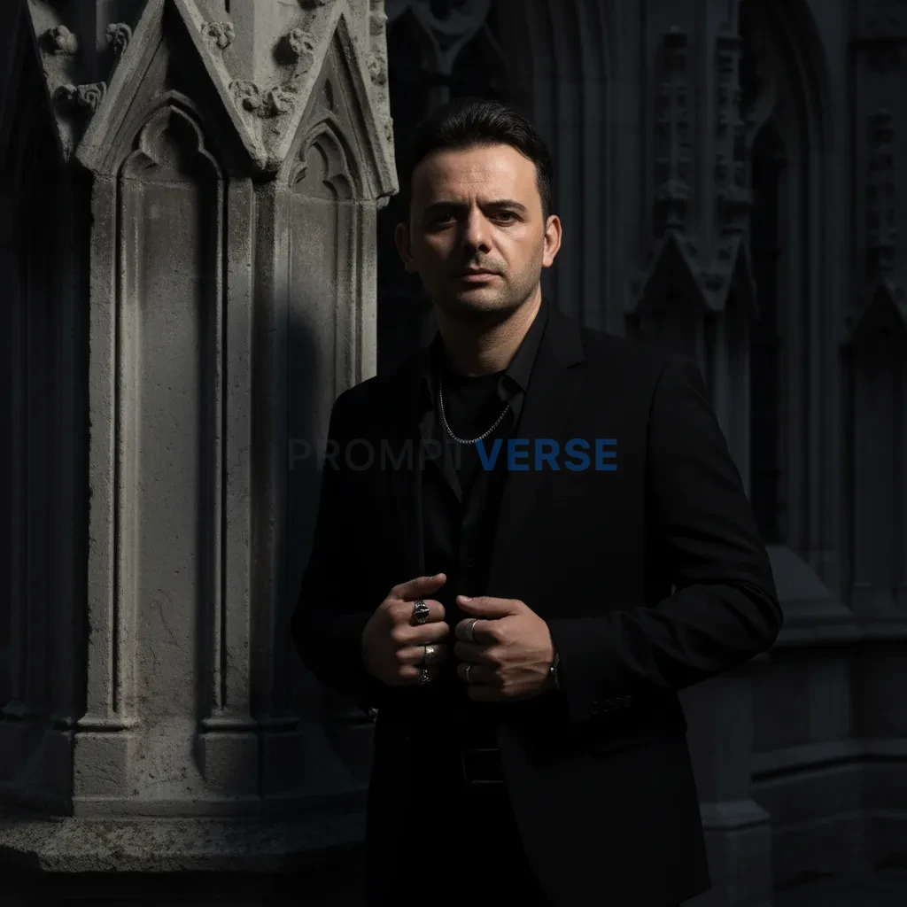 Ultra-detailed fashion portrait, man standing beside gothic stone building, dramatic shadows, black outfit with metallic acces - PromptVerse