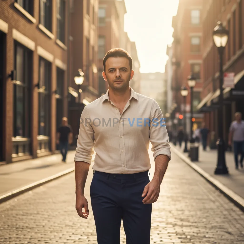 Fashion portrait of a young man wearing light beige shirt walking in urban city street, warm sunlight, cinematic shallow focus - PromptVerse