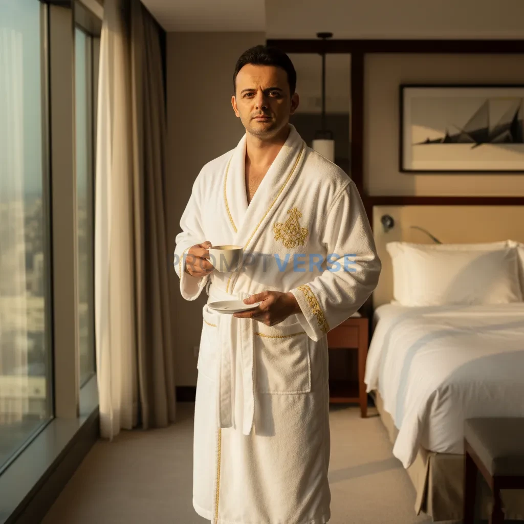 Fashionable young man wearing a white bathrobe with gold accents, standing in a luxury hotel room, holding a coffee cup, elega - PromptVerse