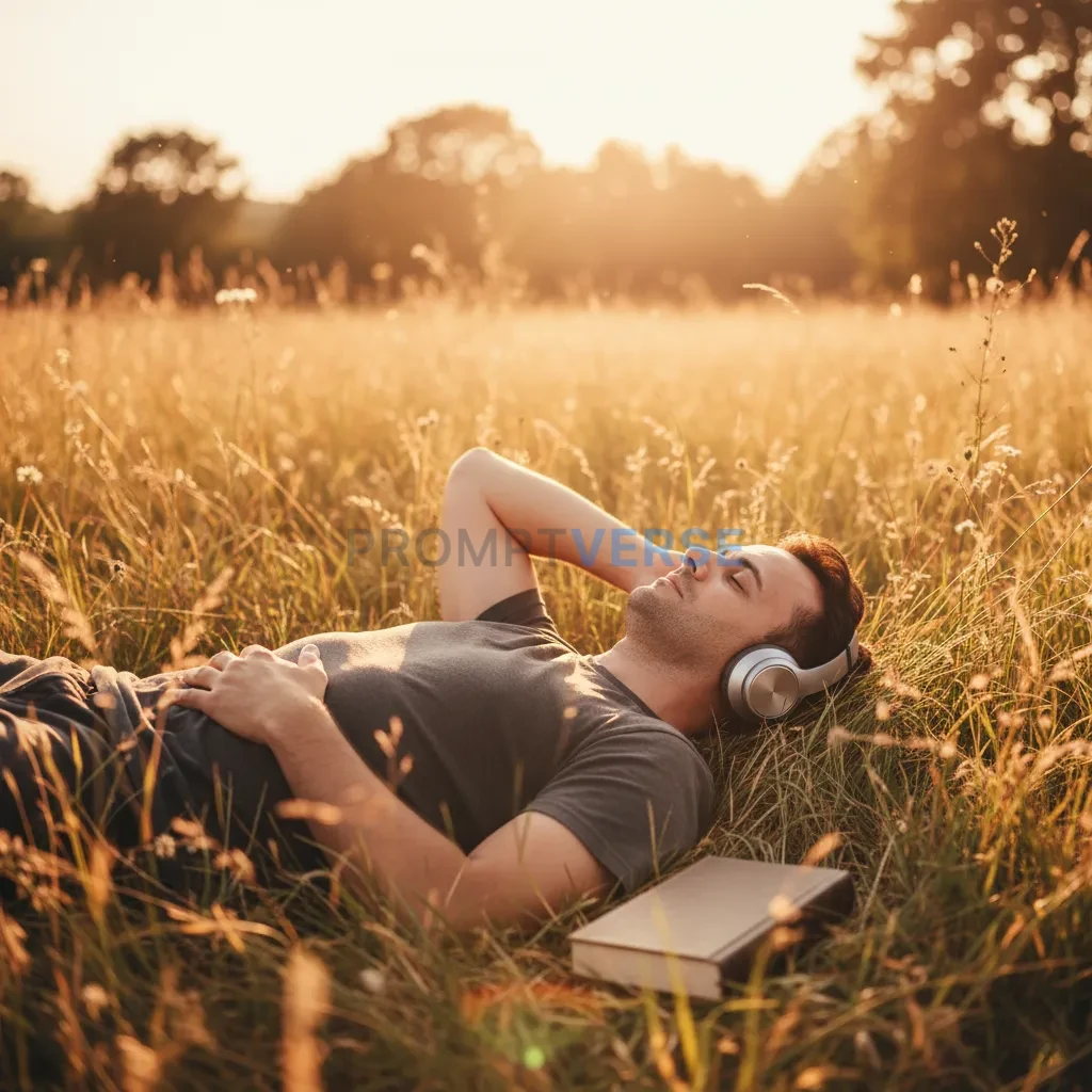 Aesthetic cinematic photo of a man lying in tall grass under sunlight, listening to music with headphones, book beside him, wa - PromptVerse