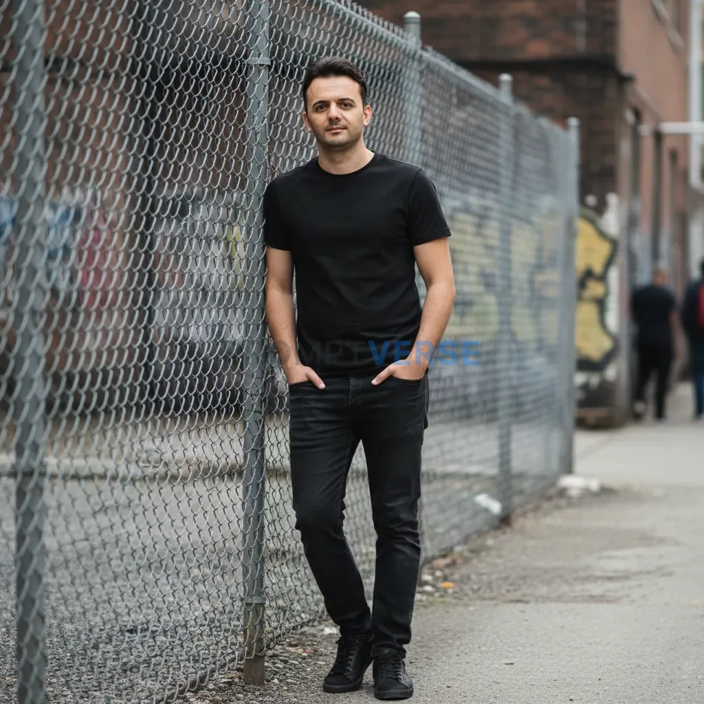 Young man standing beside a chain-link fence, wearing black casual shirt, overcast lighting, cinematic background blur, modern - PromptVerse