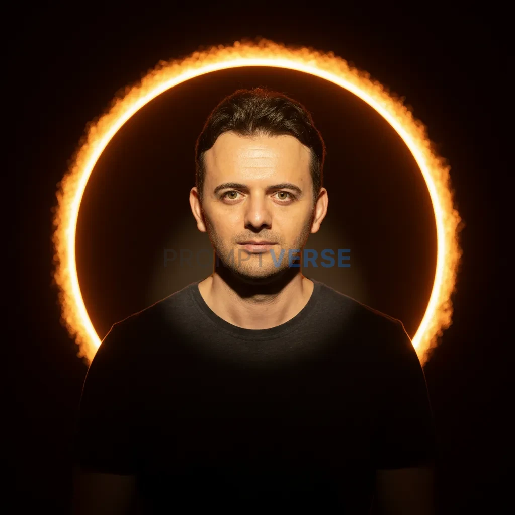 Cinematic portrait of a young man standing in front of a glowing golden light circle, creative warm tones, dramatic shadows, s - PromptVerse