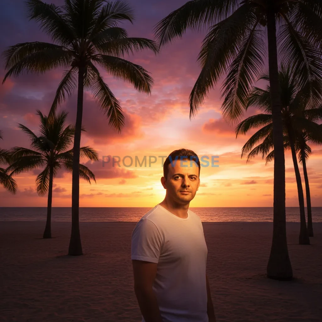Handsome young man standing near palm trees during sunset, warm lighting on face, cinematic sky colors, soft shadows, dramatic - PromptVerse