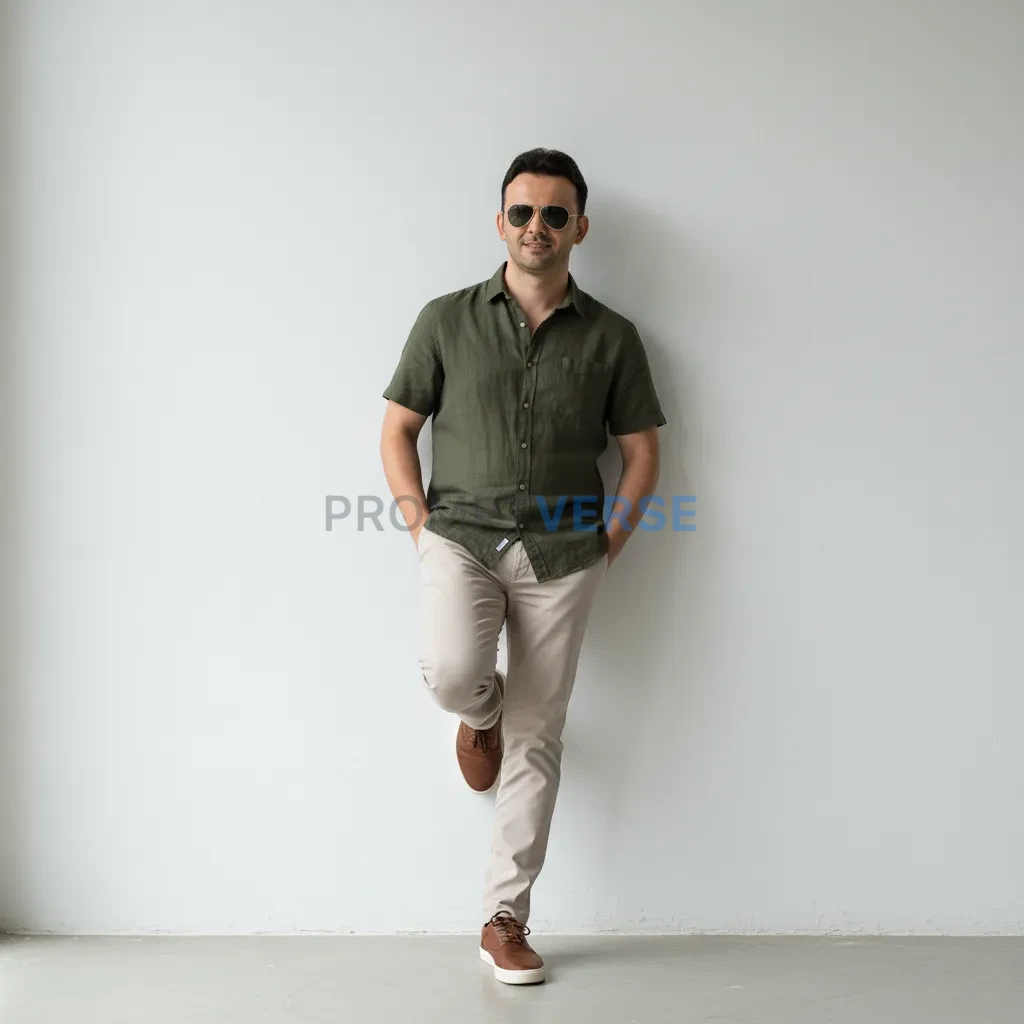 Modern portrait of a young man wearing sunglasses, leaning casually against a white wall, soft daylight, clean aesthetic, mini - PromptVerse