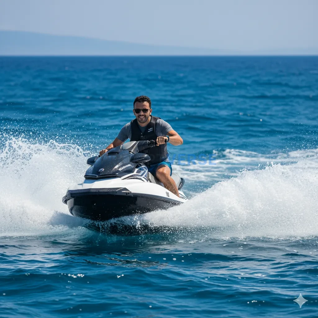 A young man riding a jet ski in the ocean, splashing water around, bright sunlight, summer vibe, cinematic sports photography, - PromptVerse