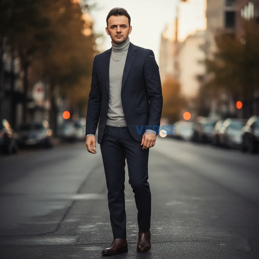 Stylish young man standing confidently in soft evening light, professional fashion portrait, cinematic tone, realistic DSLR de - PromptVerse