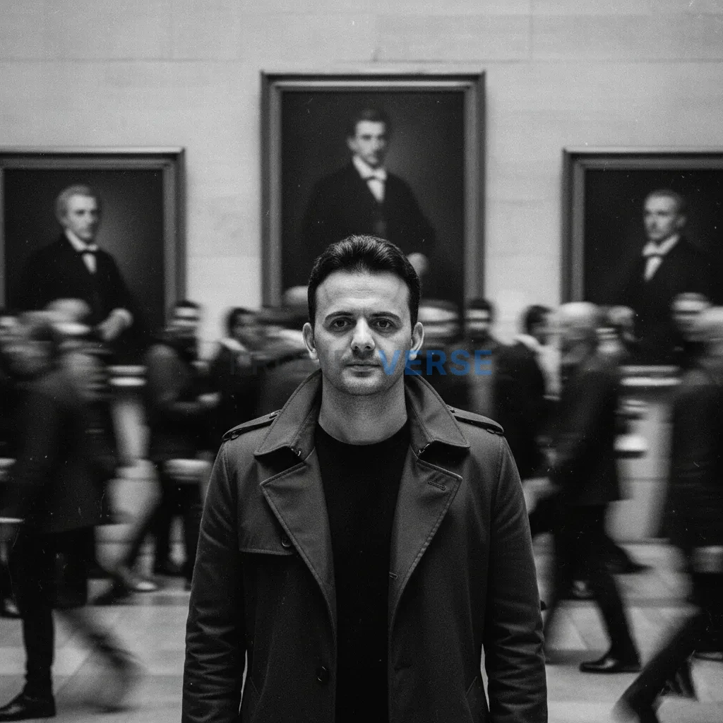 A young man stands still in a crowded, fast-moving urban setting. The camera slowly zooms in on his face, capturing his calm,  - PromptVerse
