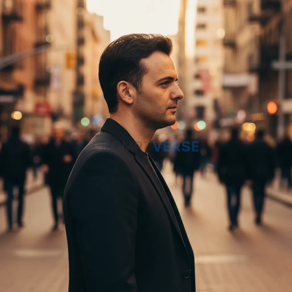 A sharp cinematic portrait of me standing in profile in the middle of a busy urban street, wearing a stylish dark blazer, mood - PromptVerse