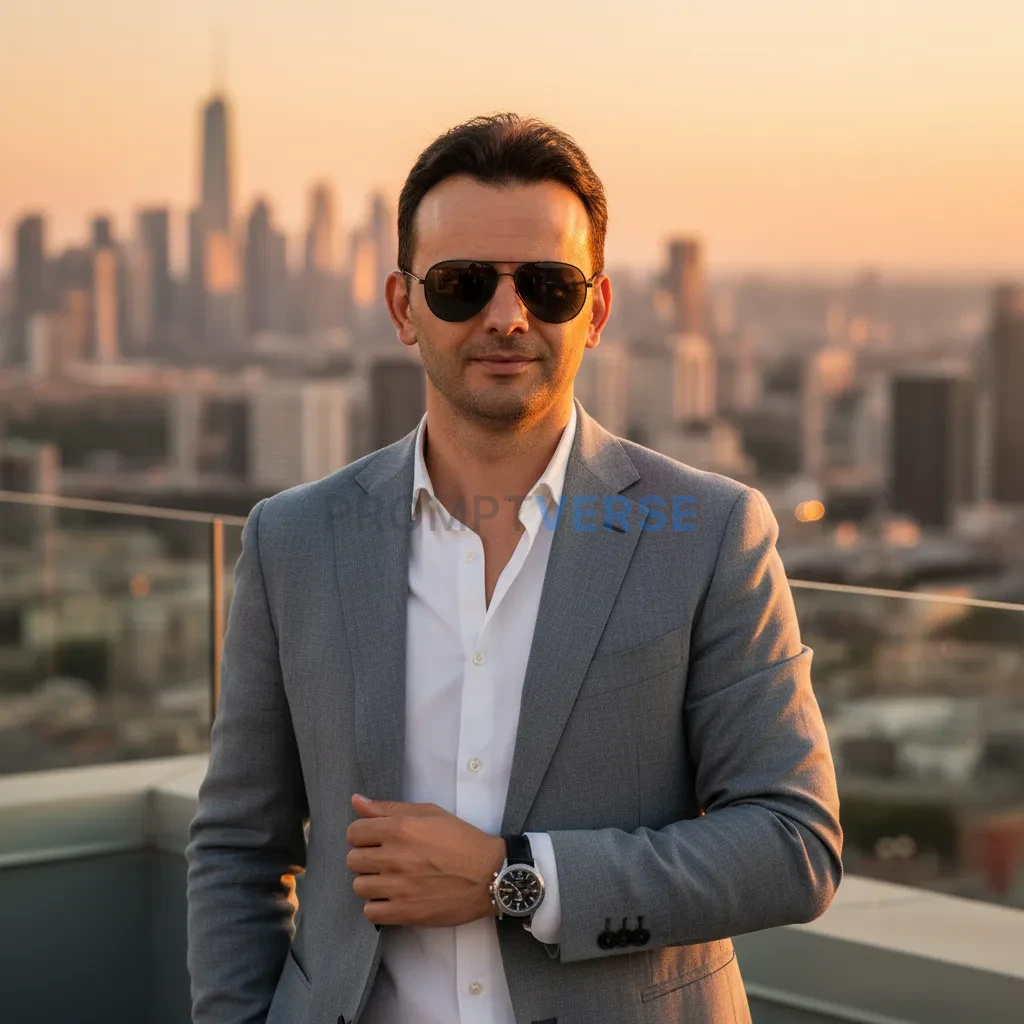 Produce a luxurious rooftop portrait with skyline in the background. Maintain the original selfie’s face without any AI face m - PromptVerse