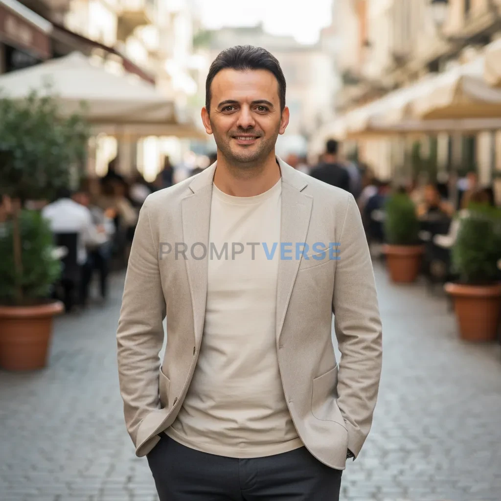 Cinematic lifestyle portrait, person in casual blazer and neutral tones, daylight photography, social media branding style. - PromptVerse