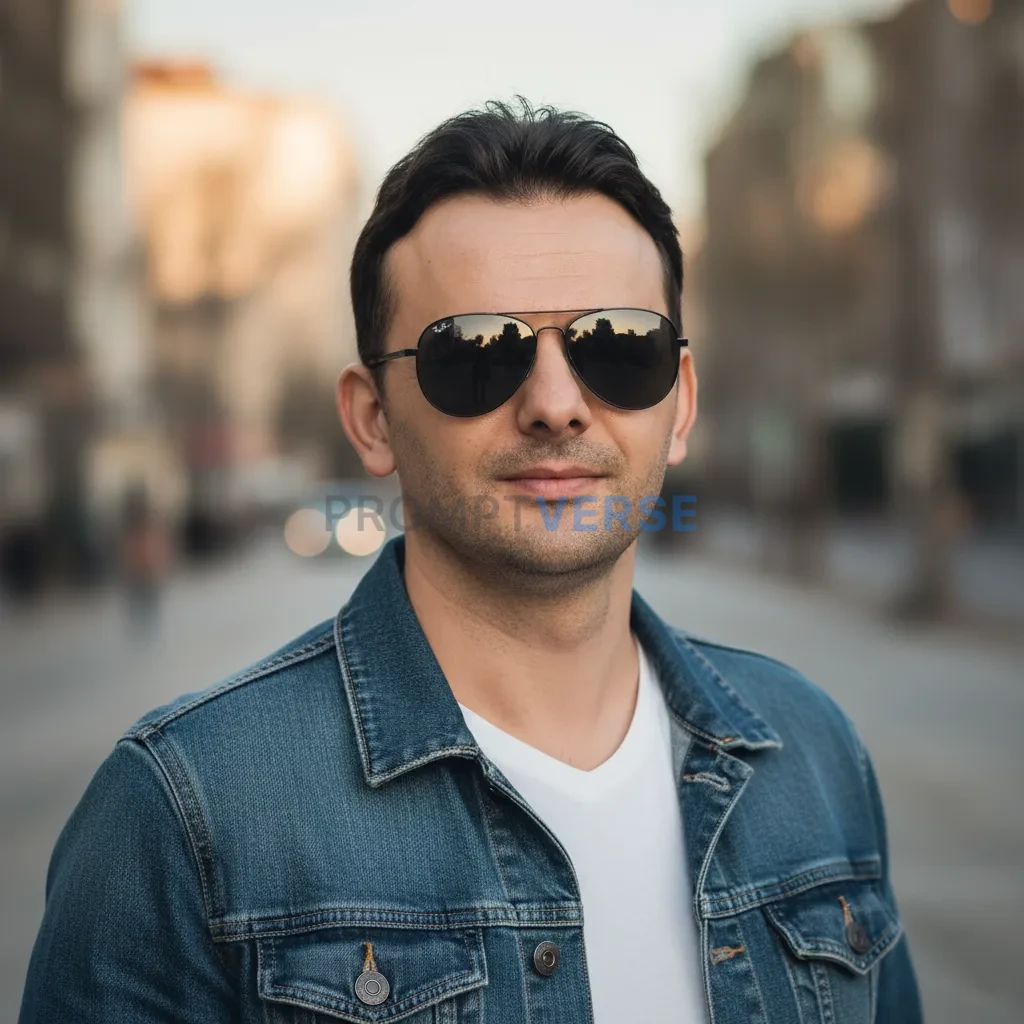 Cinematic portrait, person in denim jacket and stylish sunglasses, blurred outdoor background, Instagram lifestyle aesthetic. - PromptVerse