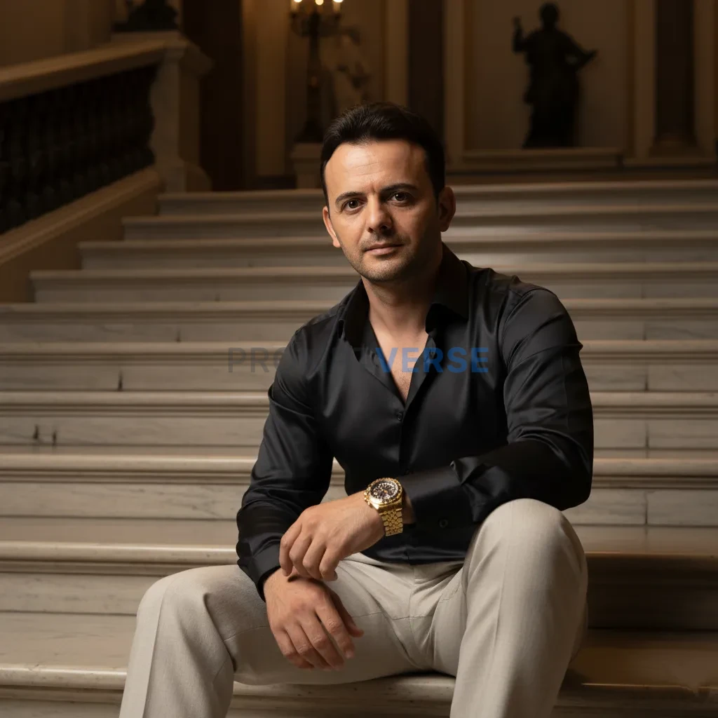 Cinematic portrait of a man in a silk shirt and tailored trousers, seated on a marble staircase, heavy gold watch catching war - PromptVerse