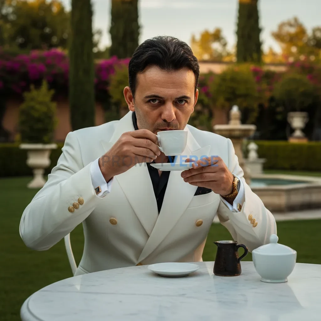 Cinematic headshot, mafia boss in white blazer with gold cufflinks, sipping espresso at a marble table, luxury villa garden in - PromptVerse