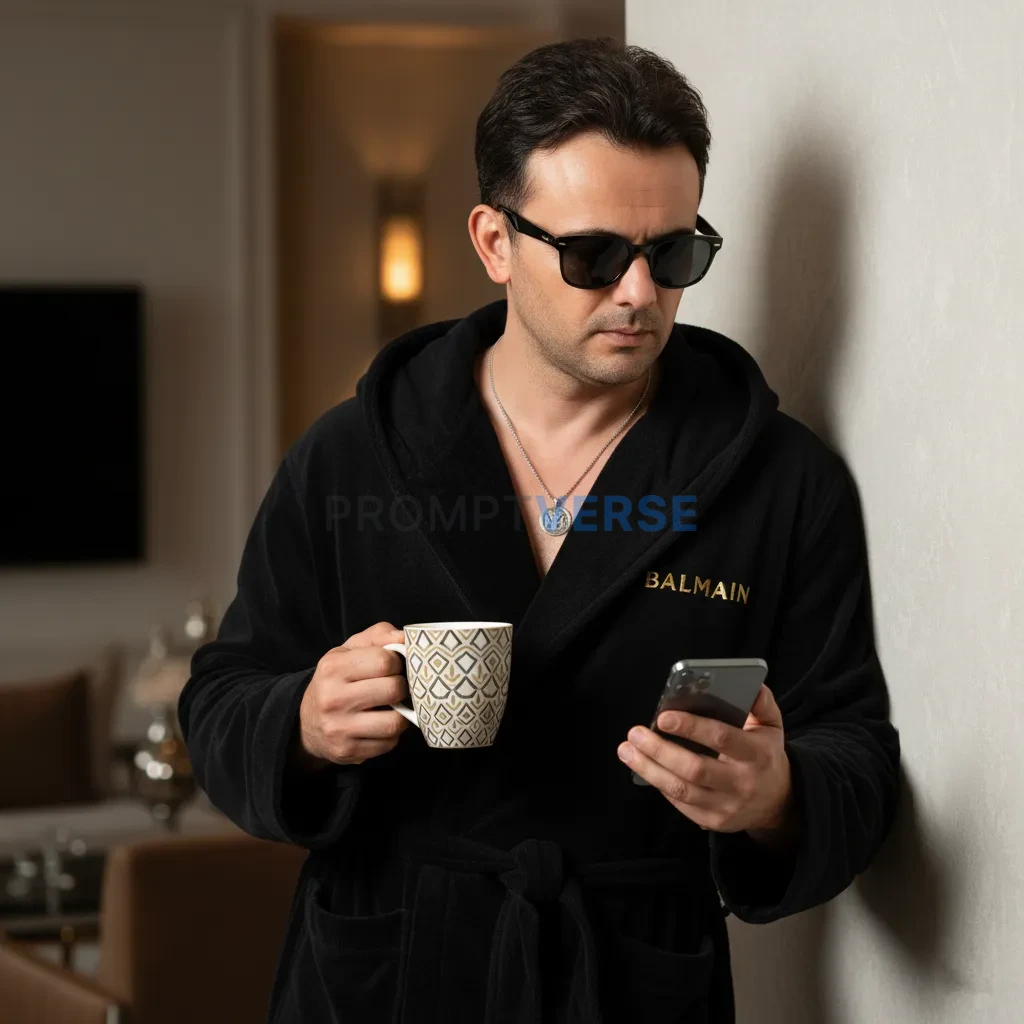 Ultra-realistic 8K cinematic portrait of indoors, leaning against a light wall in a luxurious setting, wearing sunglasses a bl - PromptVerse