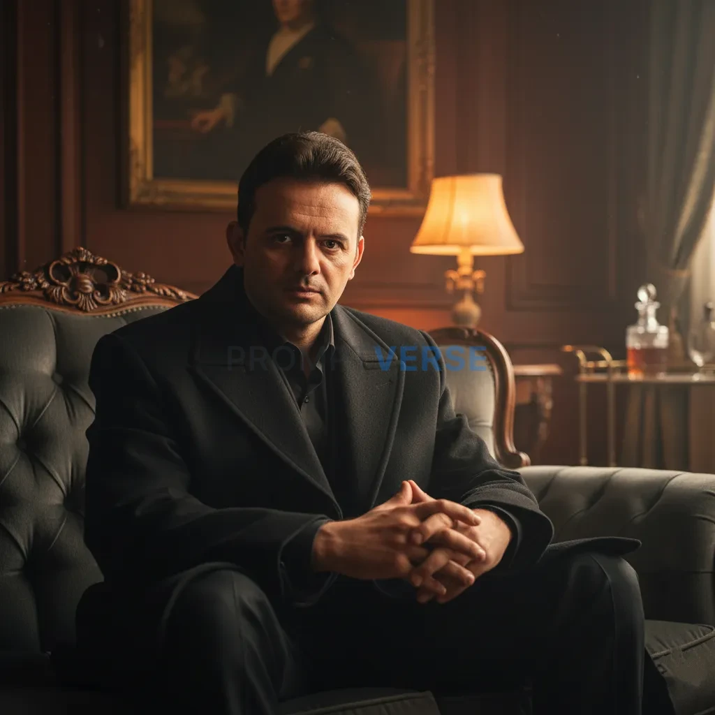 Cinematic portrait of a mafia boss in a cashmere coat, seated on a luxury sofa inside his villa, low lamp light creating a pow - PromptVerse