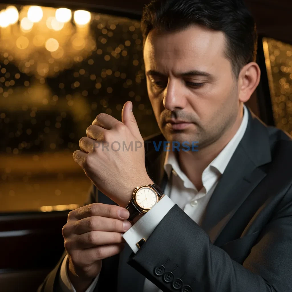 Cinematic close-up, mafia boss adjusting cufflinks, golden interior lights blurred behind, subtle details emphasizing wealth a - PromptVerse