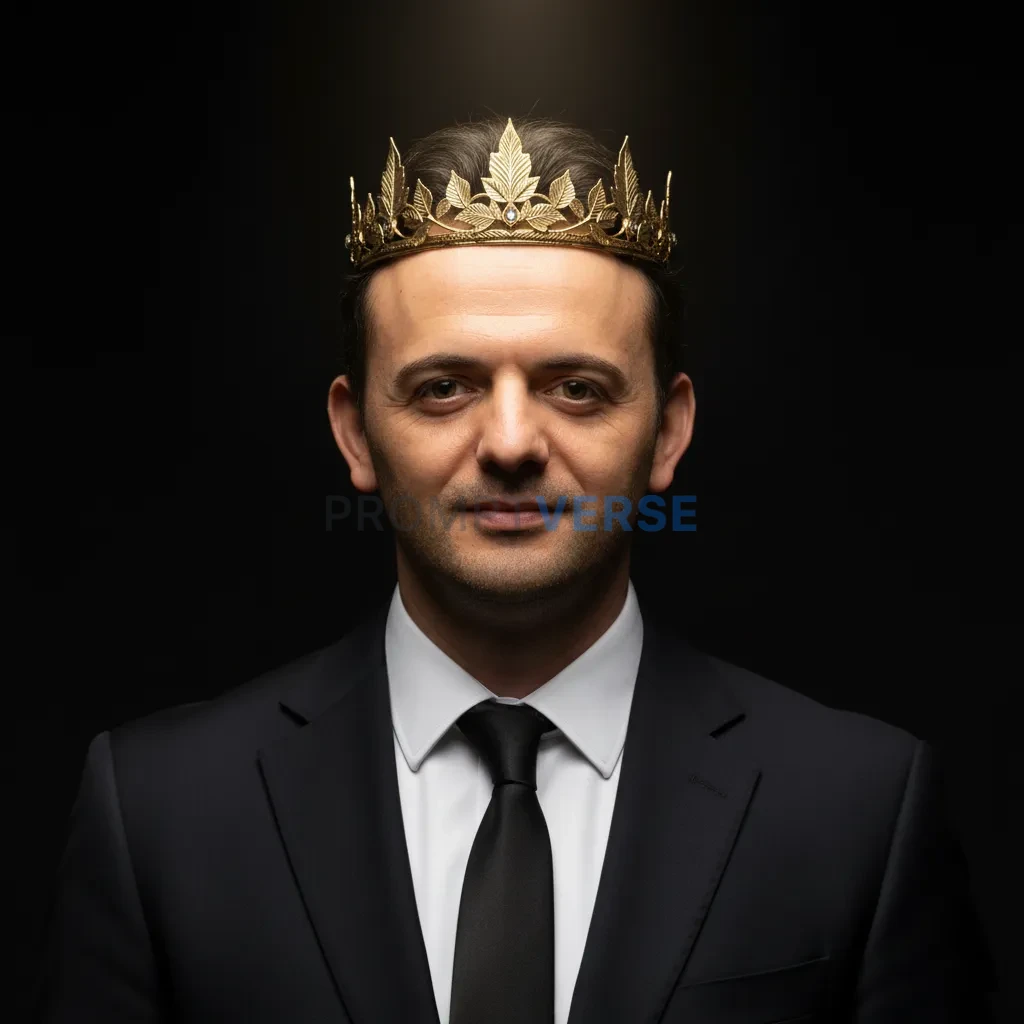 Close-up portrait of a man in tailored suit wearing subtle golden crown, soft cinematic spotlight. - PromptVerse
