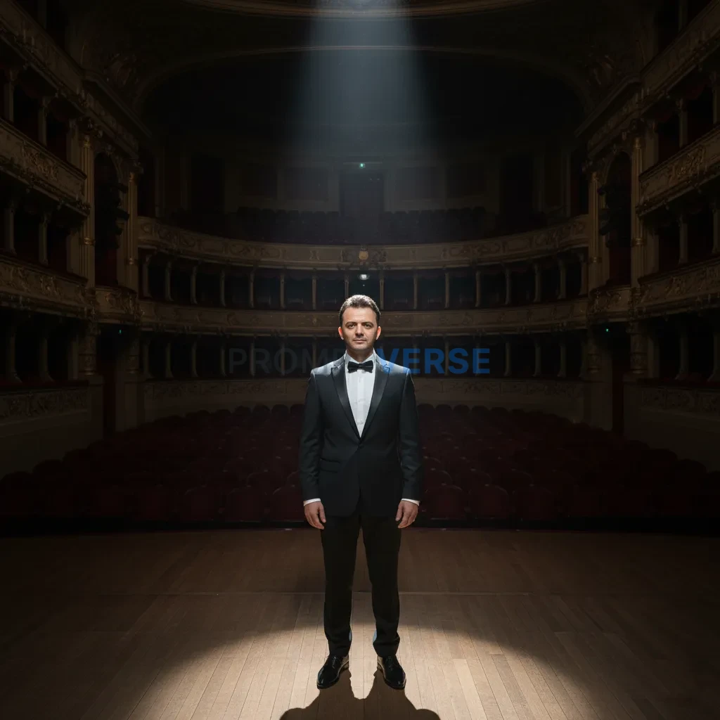 Cinematic portrait of a man in tuxedo, standing in empty opera hall, spotlight dramatic glow on face. - PromptVerse